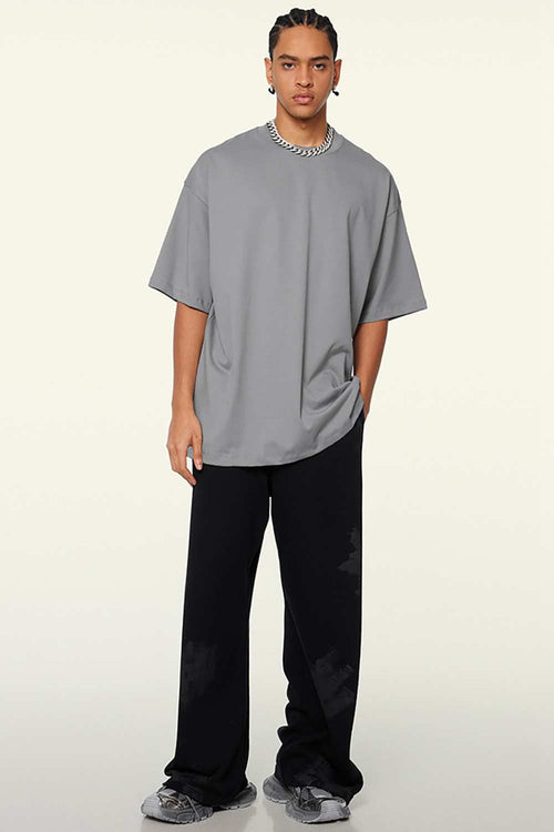 Heavyweight Cotton Relaxed Drop-Shoulder T-Shirt in Medium Gray - full-length front modeled view