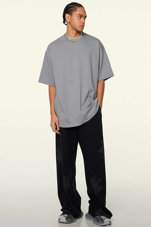 Heavyweight Cotton Relaxed Drop-Shoulder T-Shirt in Medium Gray - full-length front modeled view