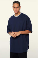 Heavyweight Cotton Relaxed Drop-Shoulder T-Shirt in Navy Blue - front modeled view