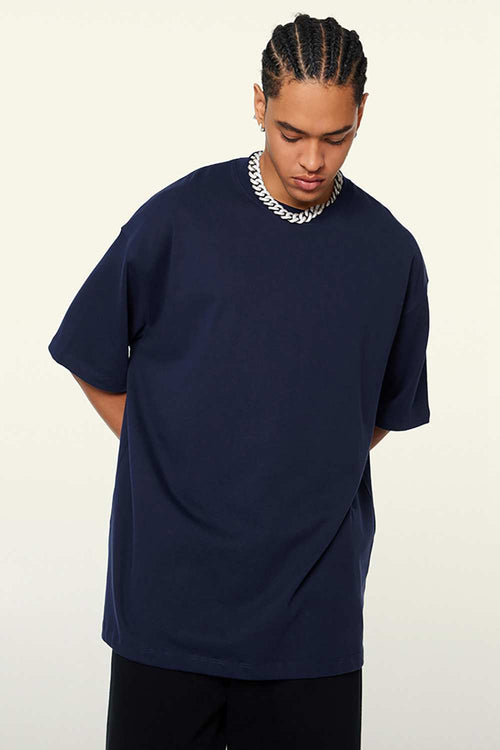Heavyweight Cotton Relaxed Drop-Shoulder T-Shirt in Navy Blue - back modeled view