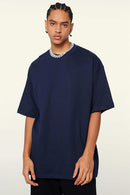 Heavyweight Cotton Relaxed Drop-Shoulder T-Shirt in Navy Blue - front modeled view