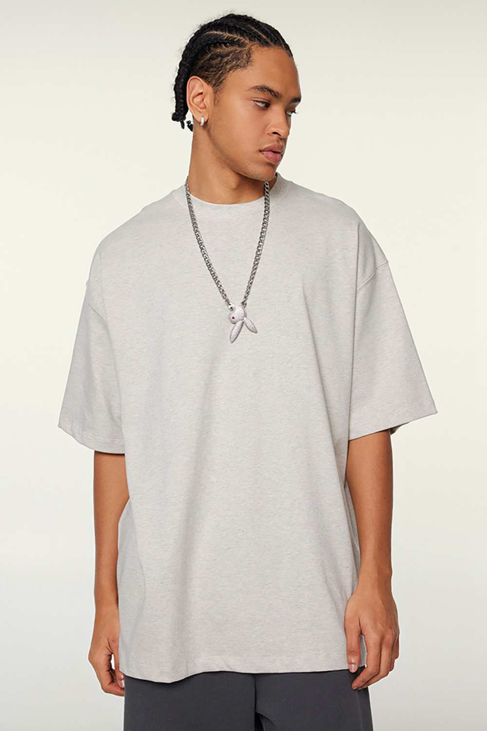 Heavyweight Cotton Relaxed Drop-Shoulder T-Shirt in Oat Gray - back modeled view