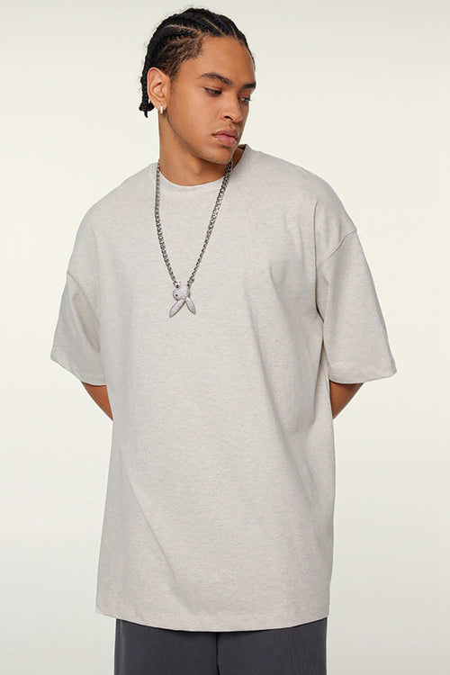 Heavyweight Cotton Relaxed Drop-Shoulder T-Shirt in Oat Gray - front modeled view