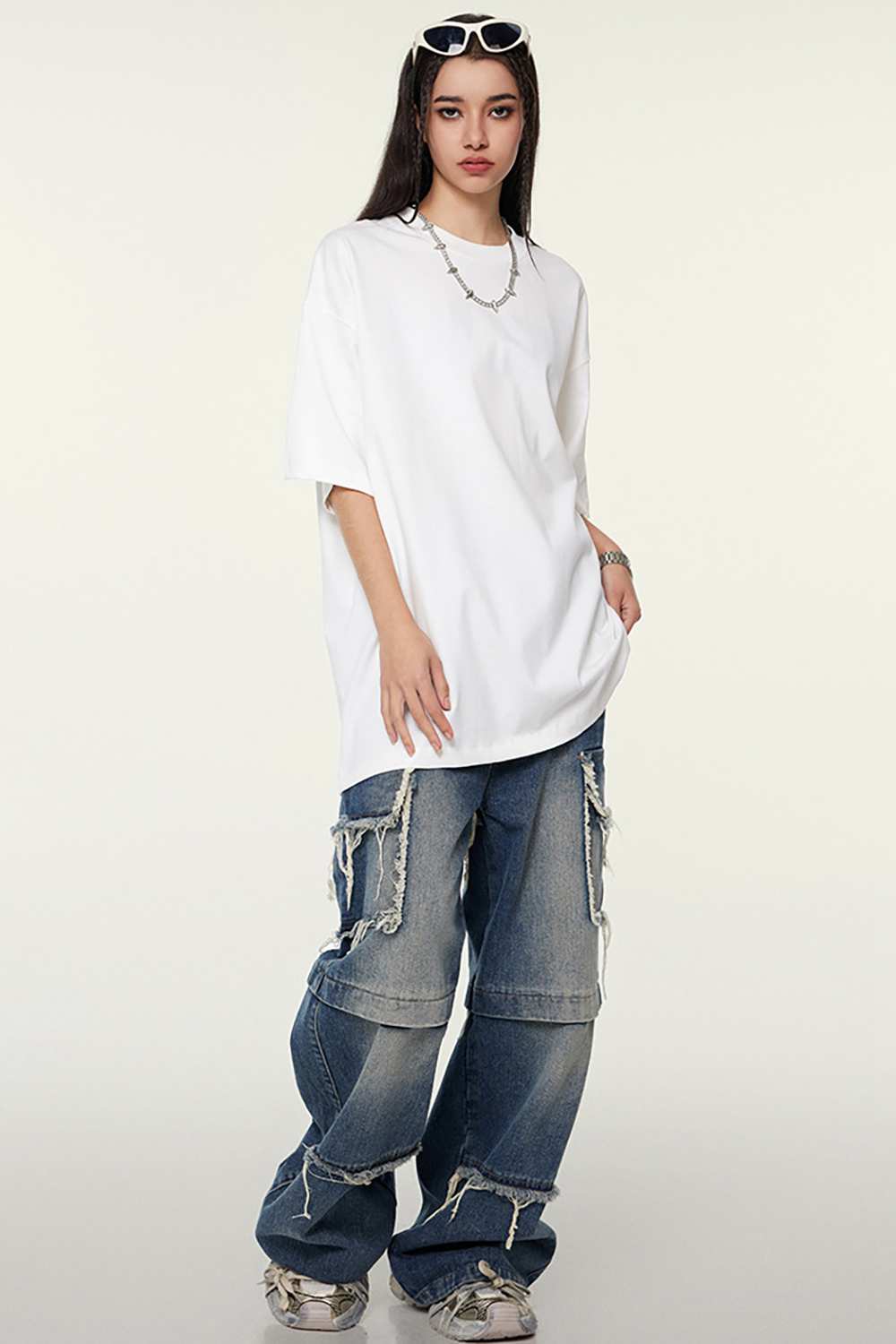 Heavyweight Cotton Relaxed Drop-Shoulder T-Shirt in White - full-length front modeled view