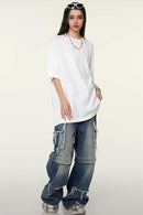 Heavyweight Cotton Relaxed Drop-Shoulder T-Shirt in White - full-length front modeled view