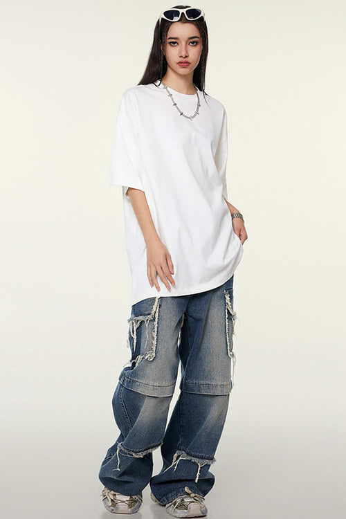Heavyweight Cotton Relaxed Drop-Shoulder T-Shirt in White - full-length front modeled view
