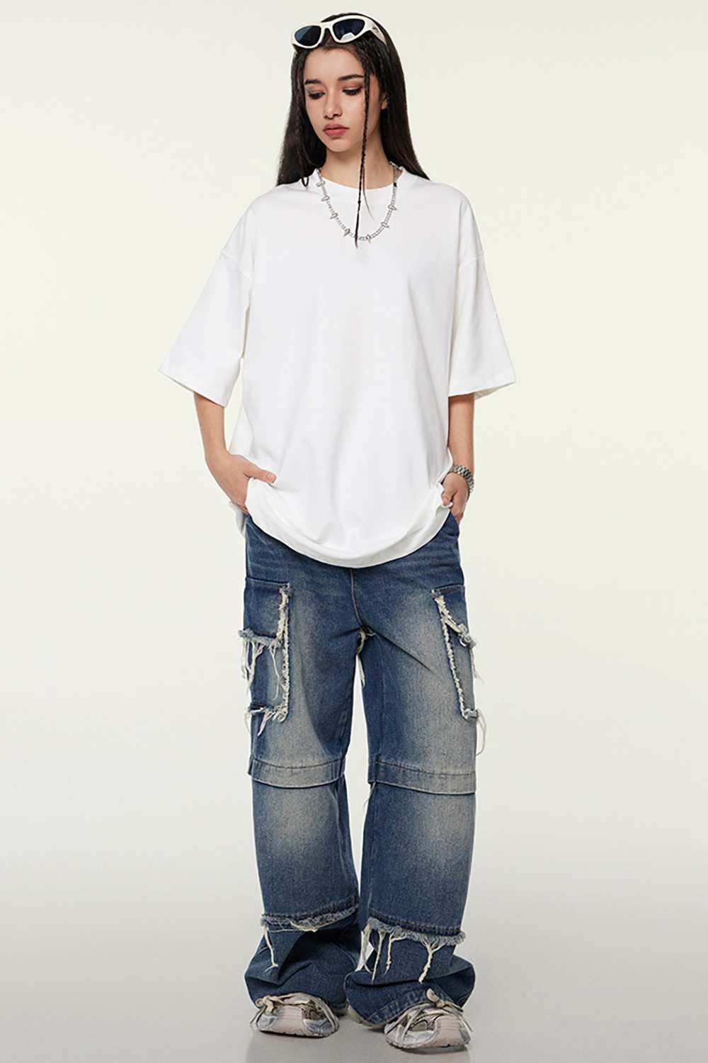 Heavyweight Cotton Relaxed Drop-Shoulder T-Shirt in White - full-length front modeled view