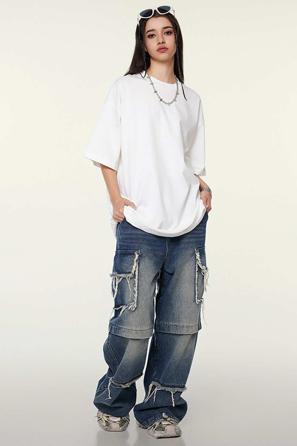 Heavyweight Cotton Relaxed Drop-Shoulder T-Shirt in White - full-length front modeled view