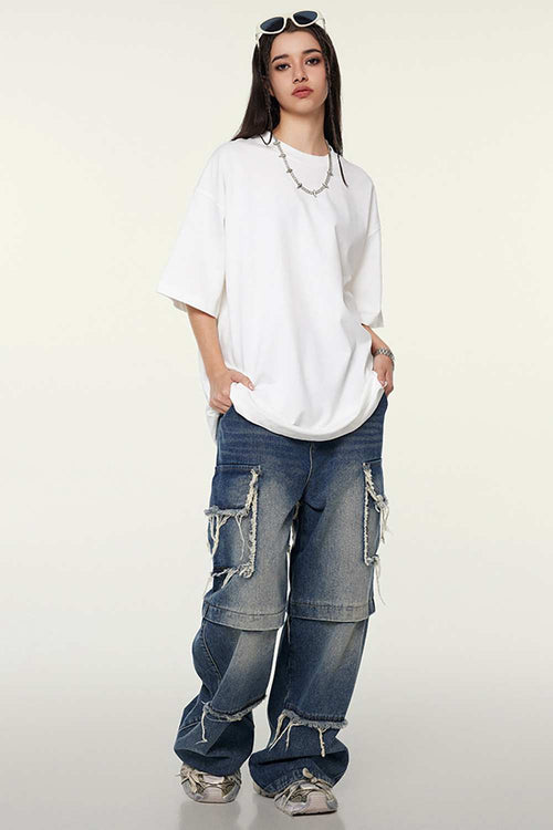 Heavyweight Cotton Relaxed Drop-Shoulder T-Shirt in White - full-length front modeled view