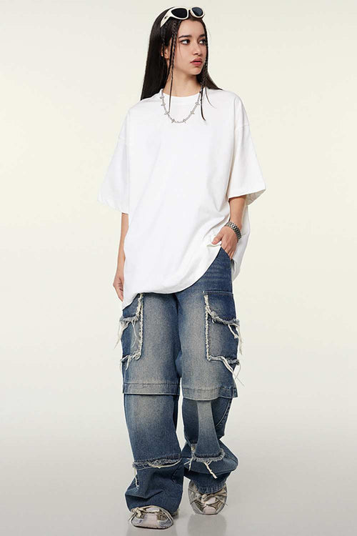 Heavyweight Cotton Relaxed Drop-Shoulder T-Shirt in White - full-length front modeled view