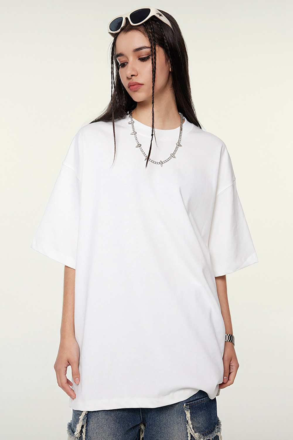 Heavyweight Cotton Relaxed Drop-Shoulder T-Shirt in White - front modeled view