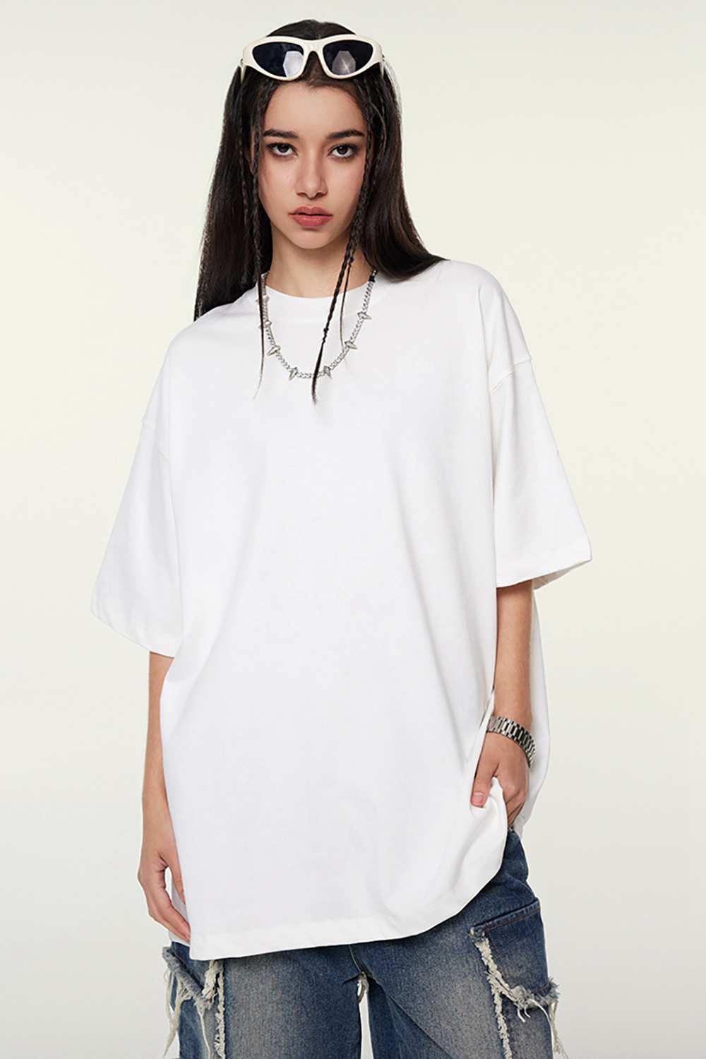 Heavyweight Cotton Relaxed Drop-Shoulder T-Shirt in White - full-length front modeled view
