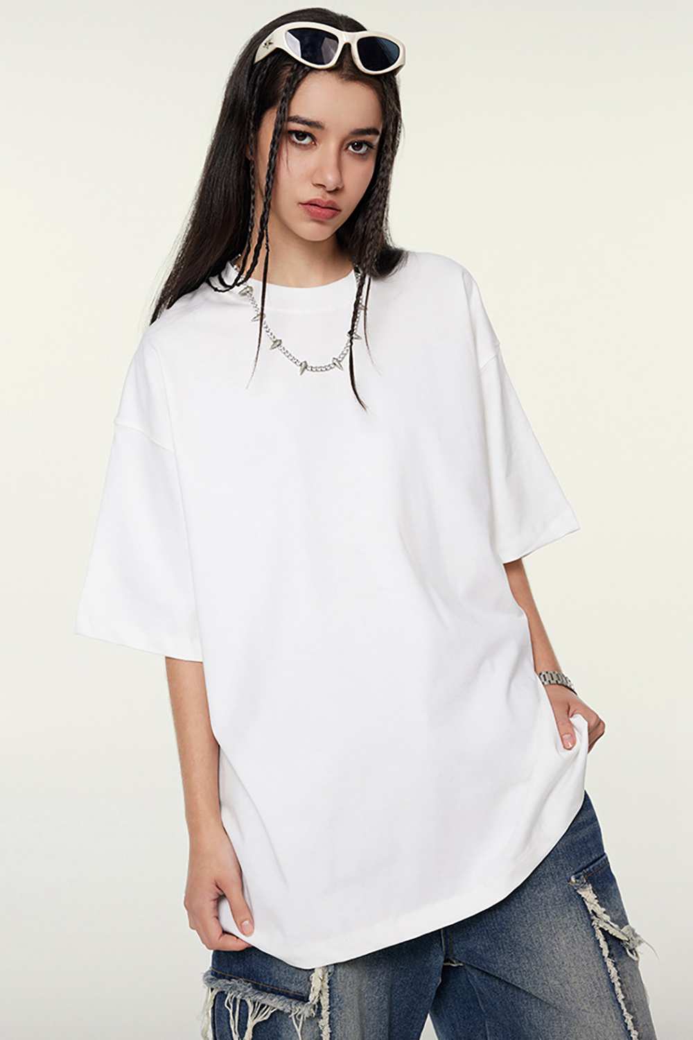 Heavyweight Cotton Relaxed Drop-Shoulder T-Shirt in White - front modeled view