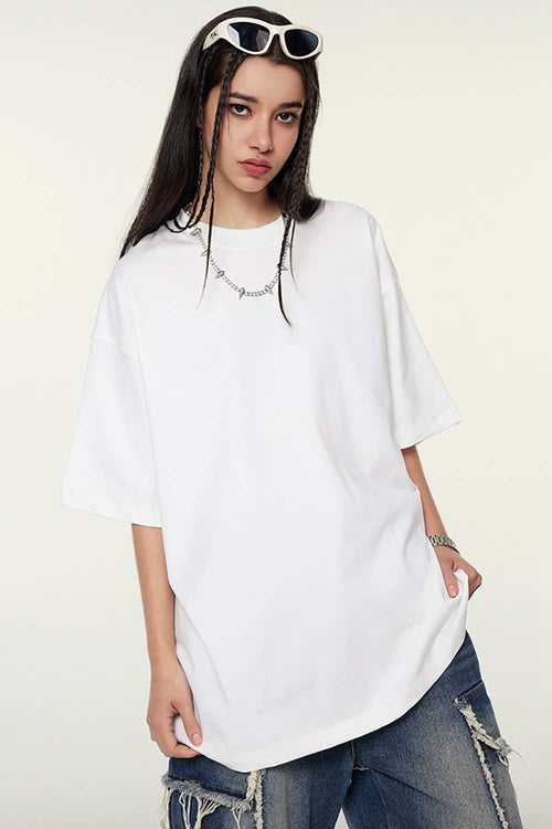 Heavyweight Cotton Relaxed Drop-Shoulder T-Shirt in White - front modeled view