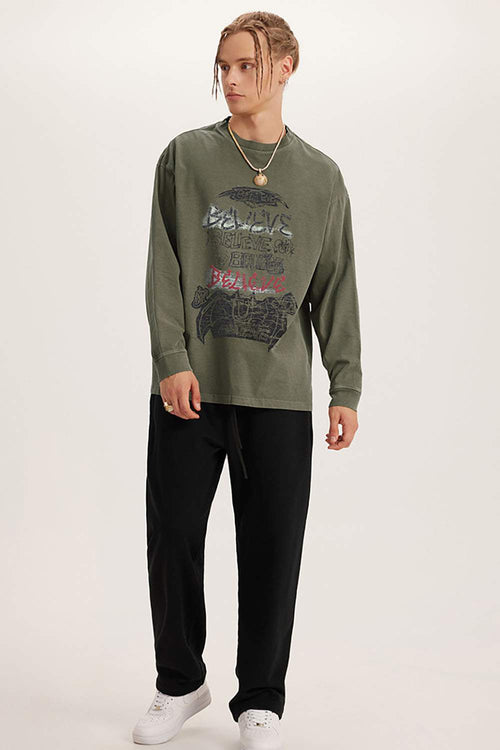 Vintage Wash Long-Sleeve Relaxed Tee - Grayish Green
