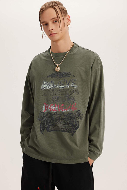 Vintage Wash Long-Sleeve Relaxed Tee - Grayish Green