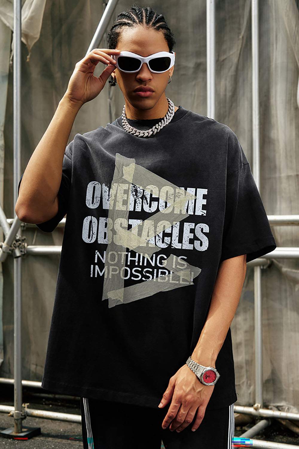 Men's Washed Cotton T-Shirt - Overcome Obstacles Graphic - Casual and Trendy