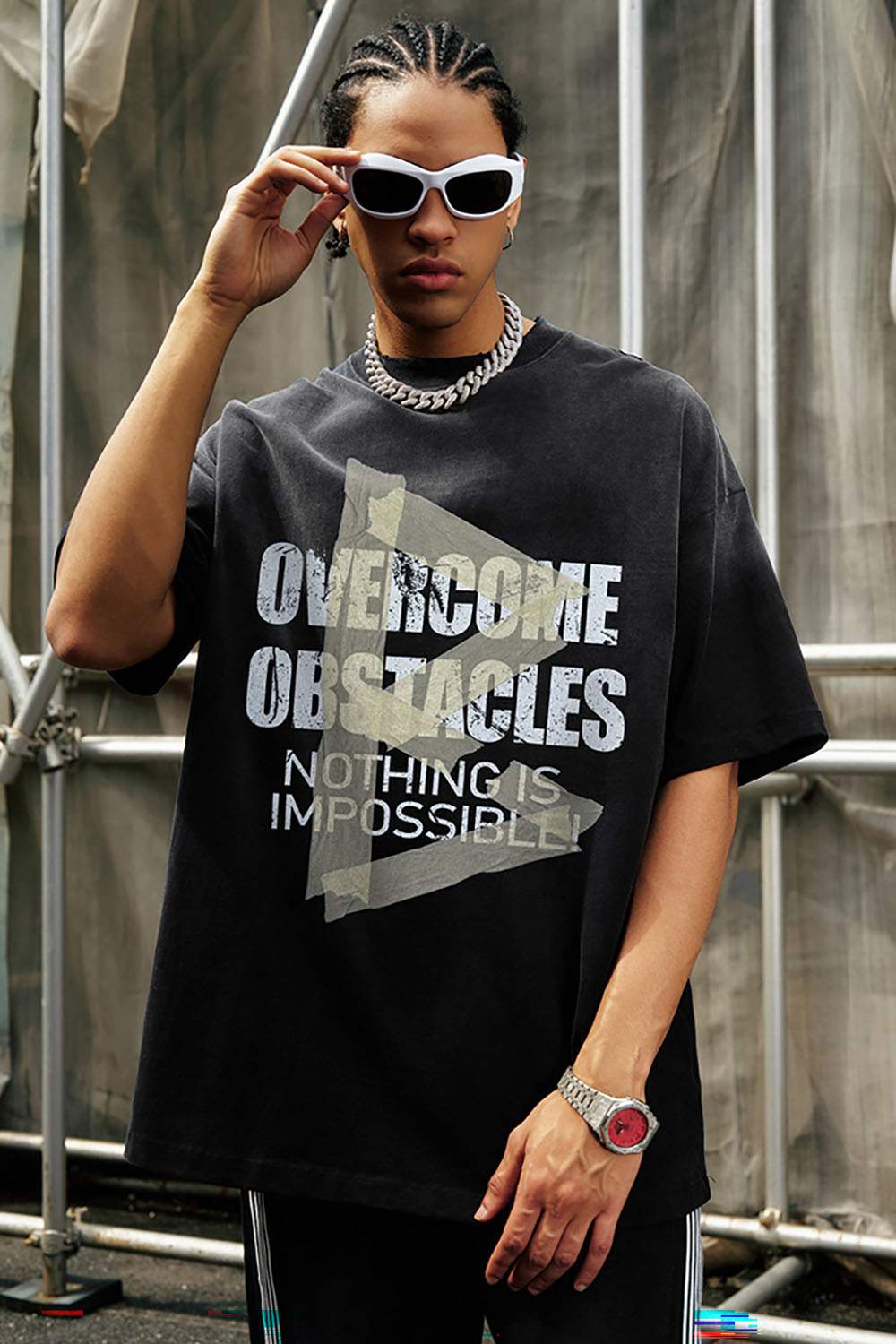 Washed Distressed-Lettering Boxy Graphic T-Shirt in Black - graphic detail