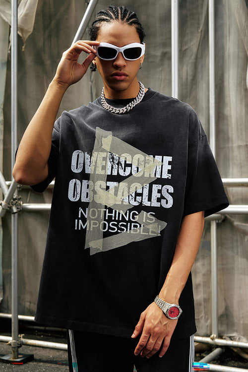 Washed Distressed-Lettering Boxy Graphic T-Shirt in Black - graphic detail