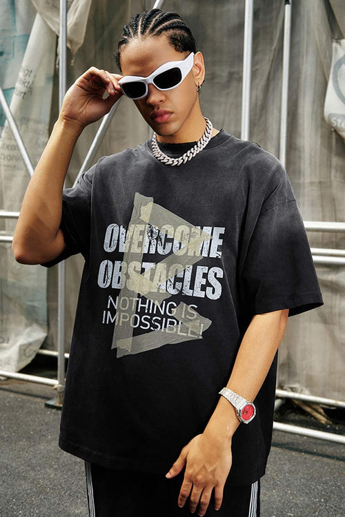 Washed Distressed-Lettering Boxy Graphic T-Shirt in Black - graphic detail