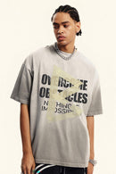 Washed Distressed-Lettering Boxy Graphic T-Shirt in Light Gray - graphic detail