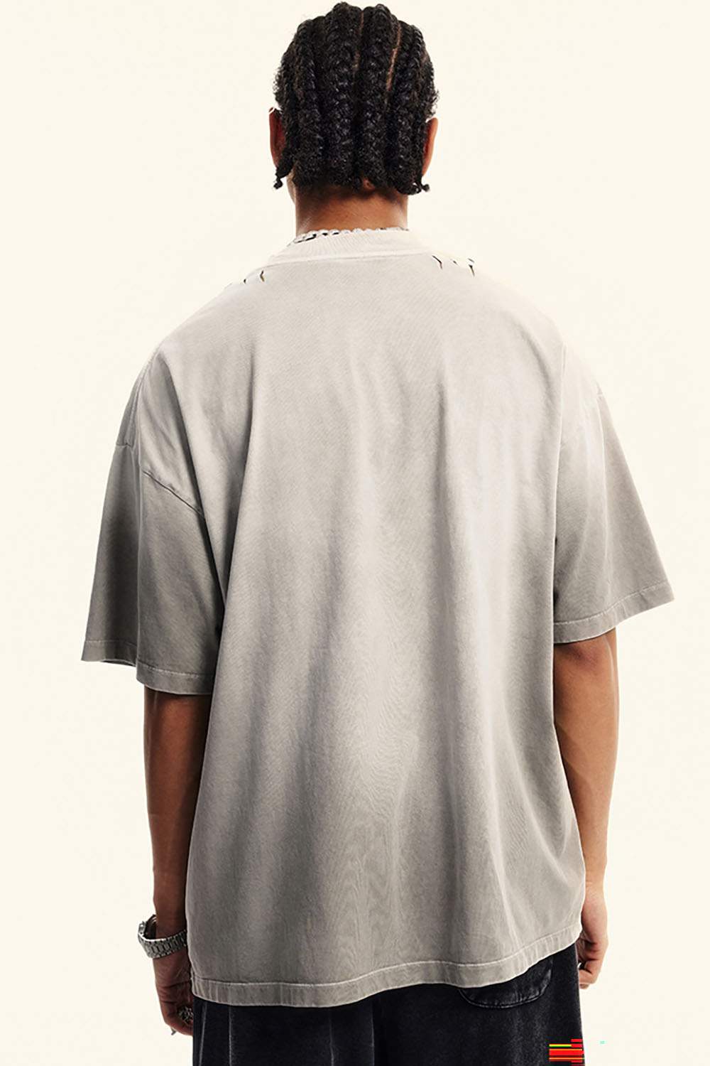 Washed Distressed-Lettering Boxy Graphic T-Shirt in Light Gray - full-length back modeled view