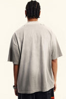 Washed Distressed-Lettering Boxy Graphic T-Shirt in Light Gray - full-length back modeled view