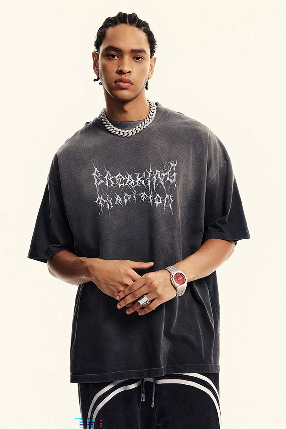 Moisture-Wicking Gradient-Wash Graphic Cotton T-Shirt in Dark Gray - front modeled close-up