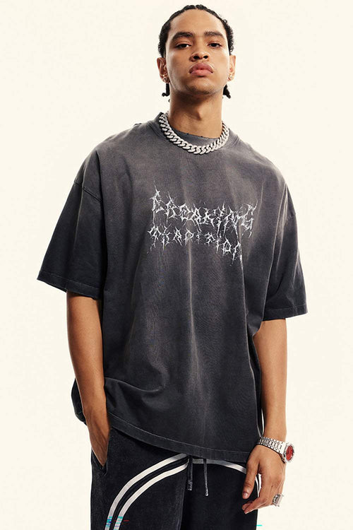 Moisture-Wicking Gradient-Wash Graphic Cotton T-Shirt in Dark Gray - front modeled view