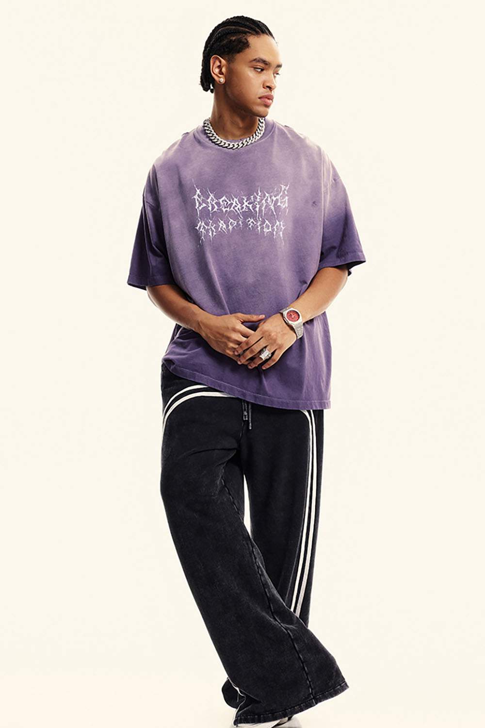 Moisture-Wicking Gradient-Wash Graphic Cotton T-Shirt in Grape Purple - full-length front modeled view