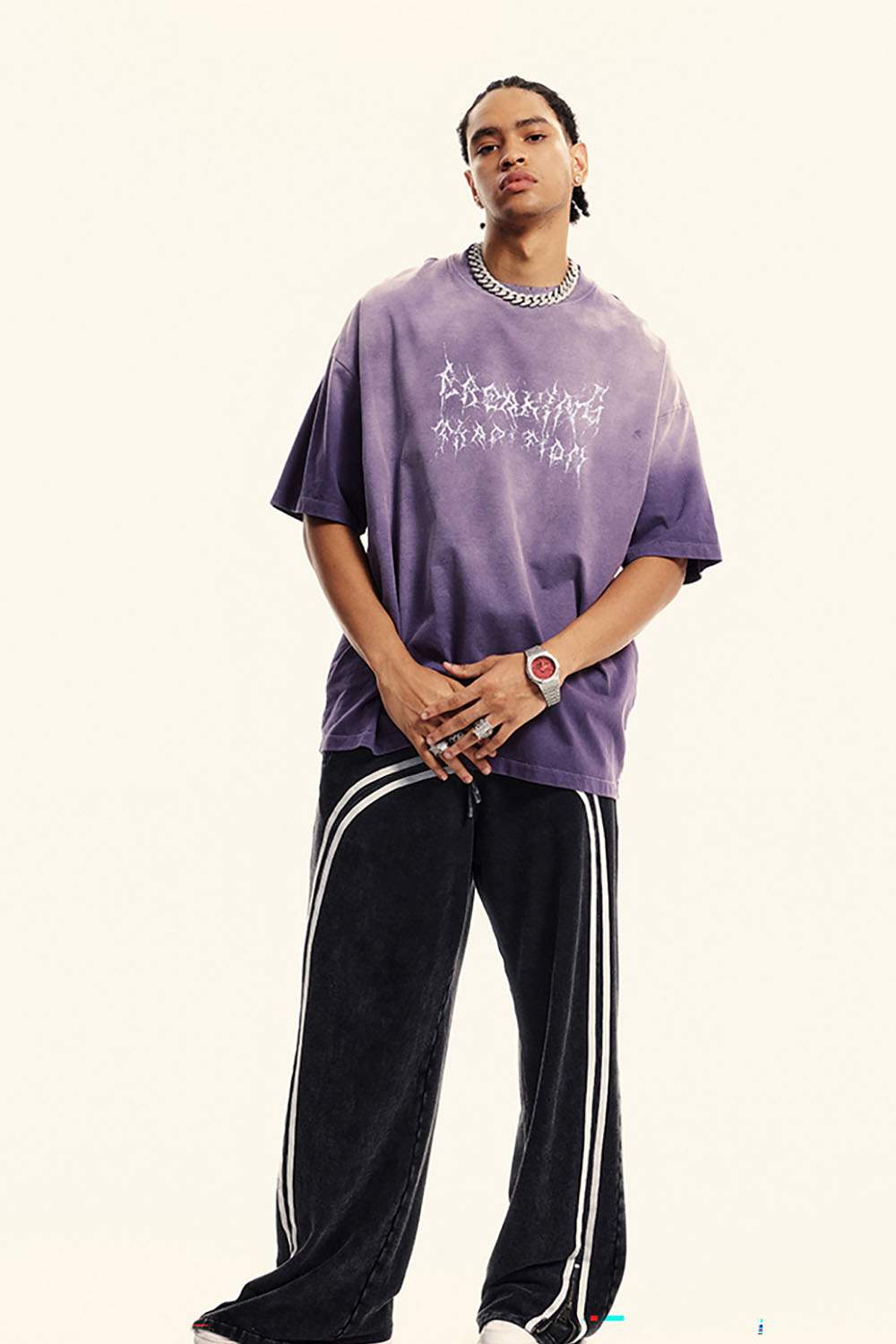 Moisture-Wicking Gradient-Wash Graphic Cotton T-Shirt in Grape Purple - full-length front modeled view