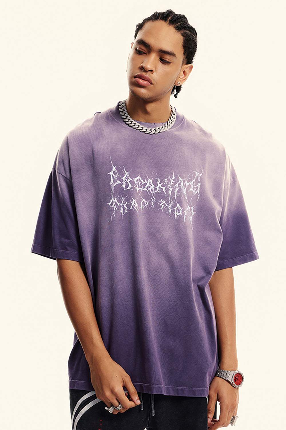 Moisture-Wicking Gradient-Wash Graphic Cotton T-Shirt in Grape Purple - front modeled view