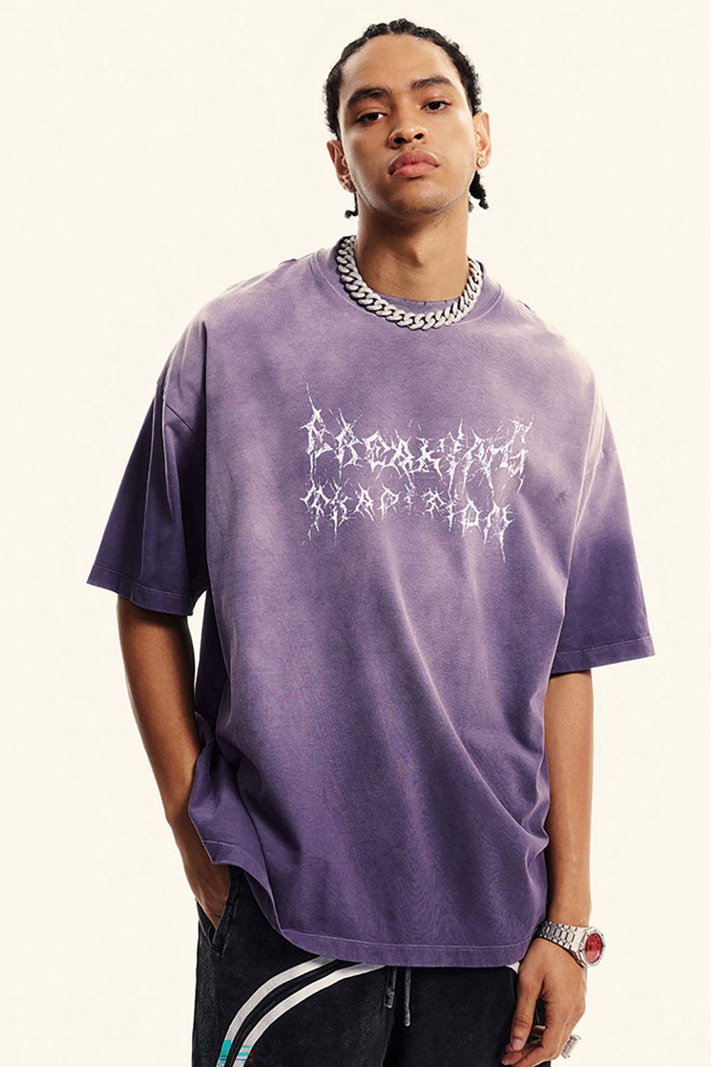 Moisture-Wicking Gradient-Wash Graphic Cotton T-Shirt in Grape Purple - front modeled view