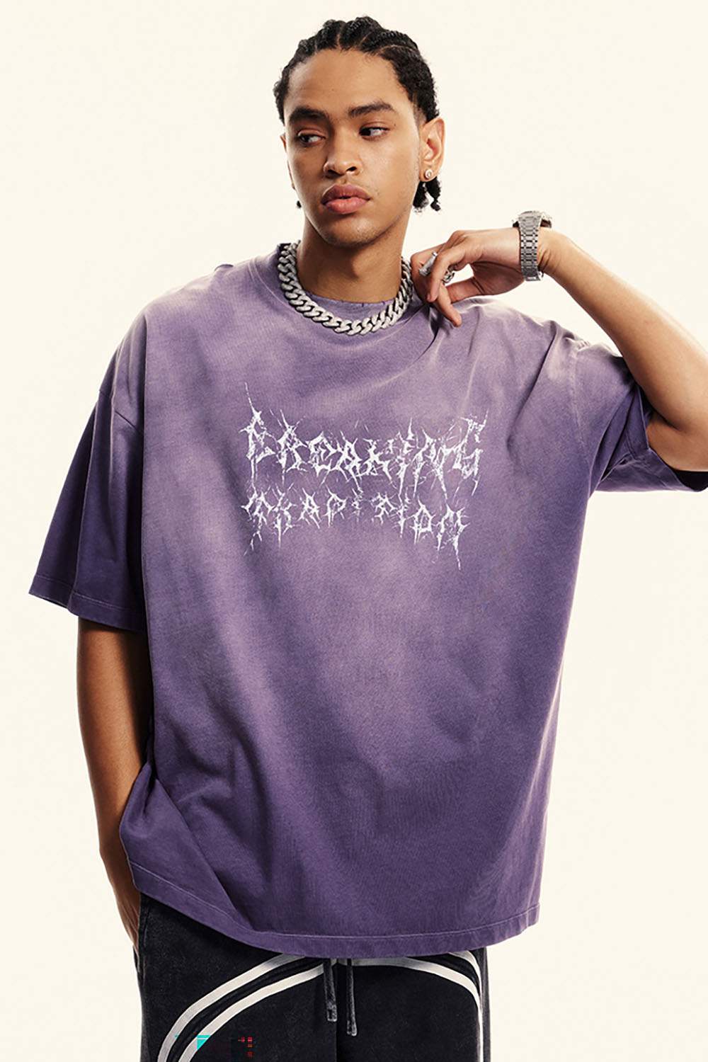 Moisture-Wicking Gradient-Wash Graphic Cotton T-Shirt in Grape Purple - front modeled view