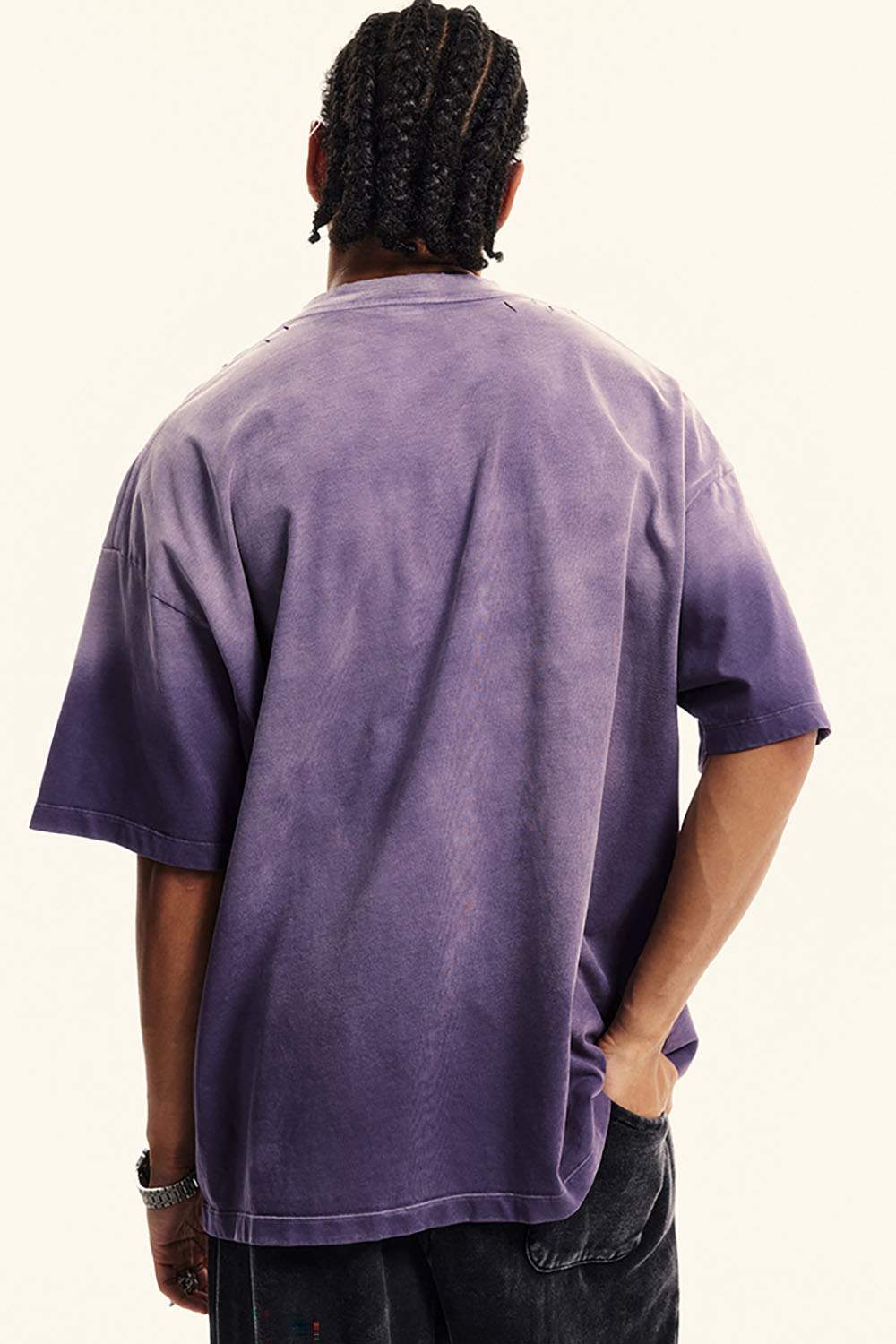 Moisture-Wicking Gradient-Wash Graphic Cotton T-Shirt in Grape Purple - back modeled view