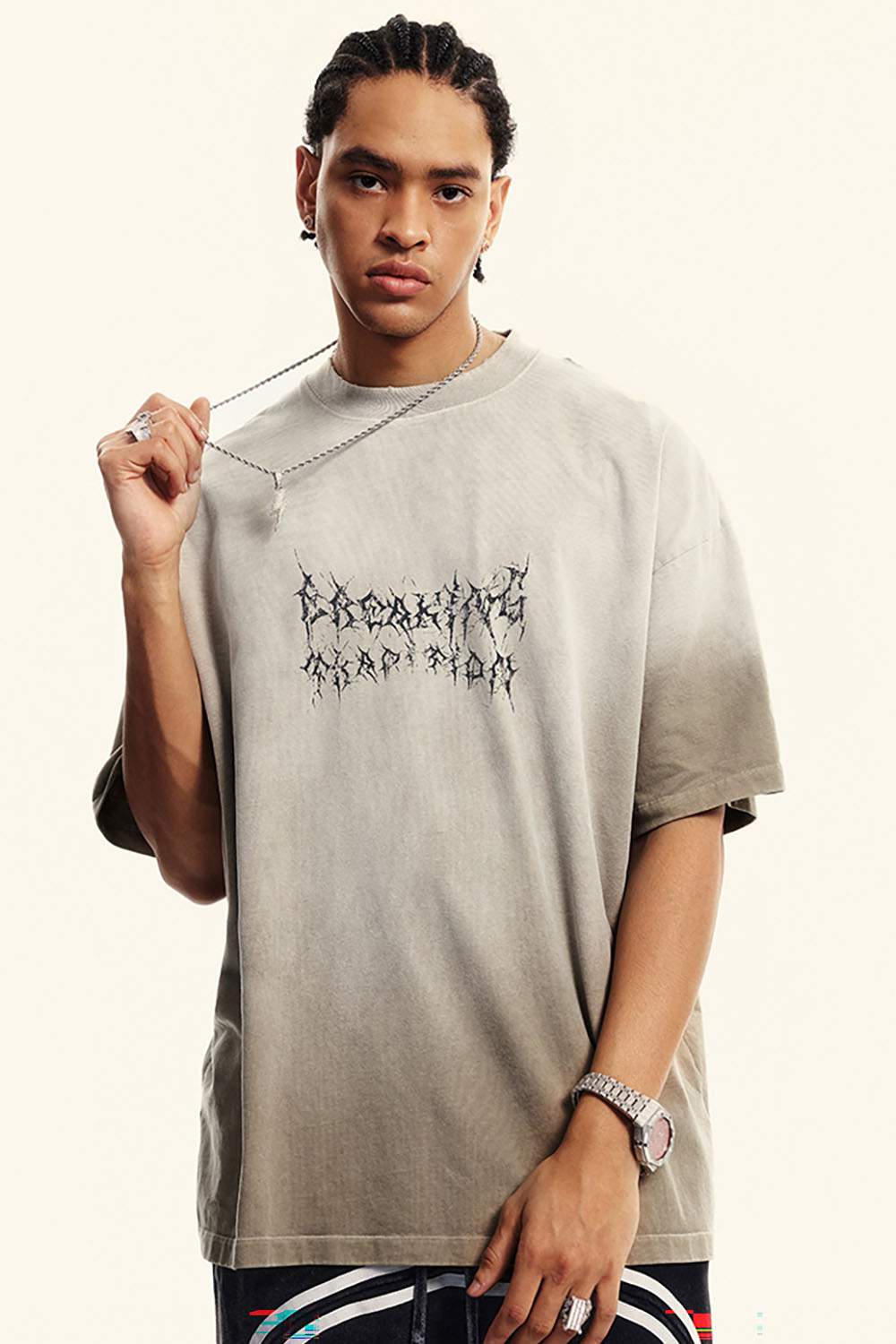 Moisture-Wicking Gradient-Wash Graphic Cotton T-Shirt in Sand - three-quarter front modeled view