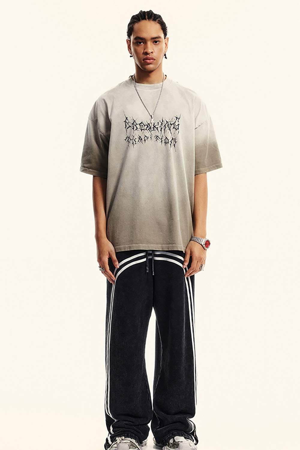 Moisture-Wicking Gradient-Wash Graphic Cotton T-Shirt in Sand - full-length front modeled view