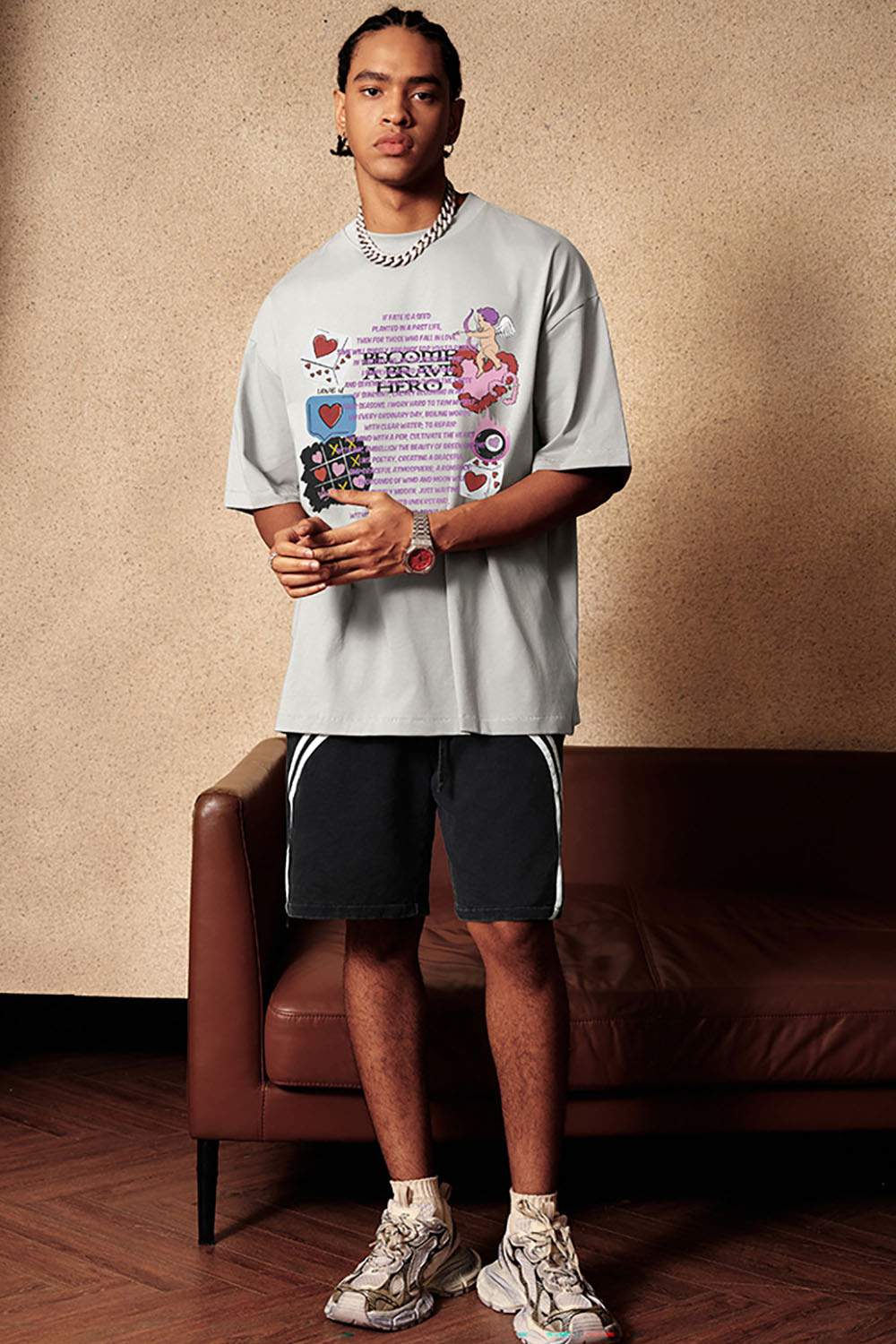 Cool-Touch Playing-Card Graphic Tee in Gray - full-length front modeled view