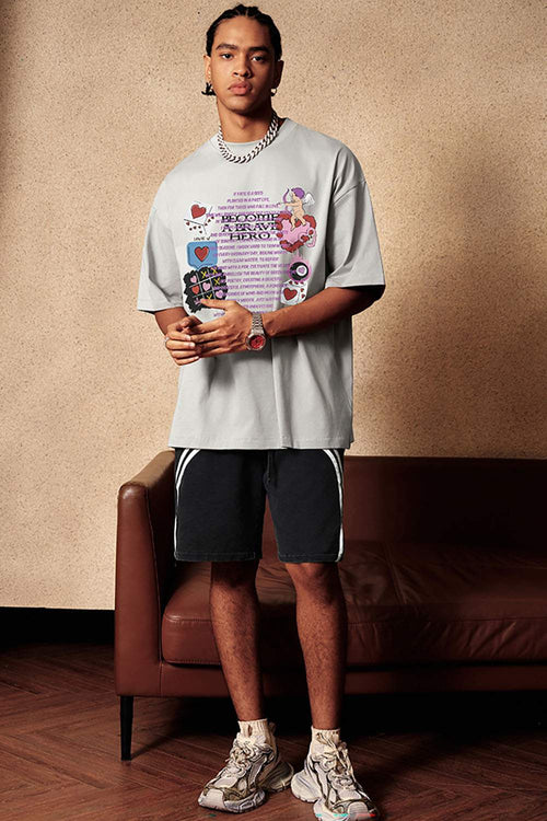 Cool-Touch Playing-Card Graphic Tee in Gray - full-length front modeled view