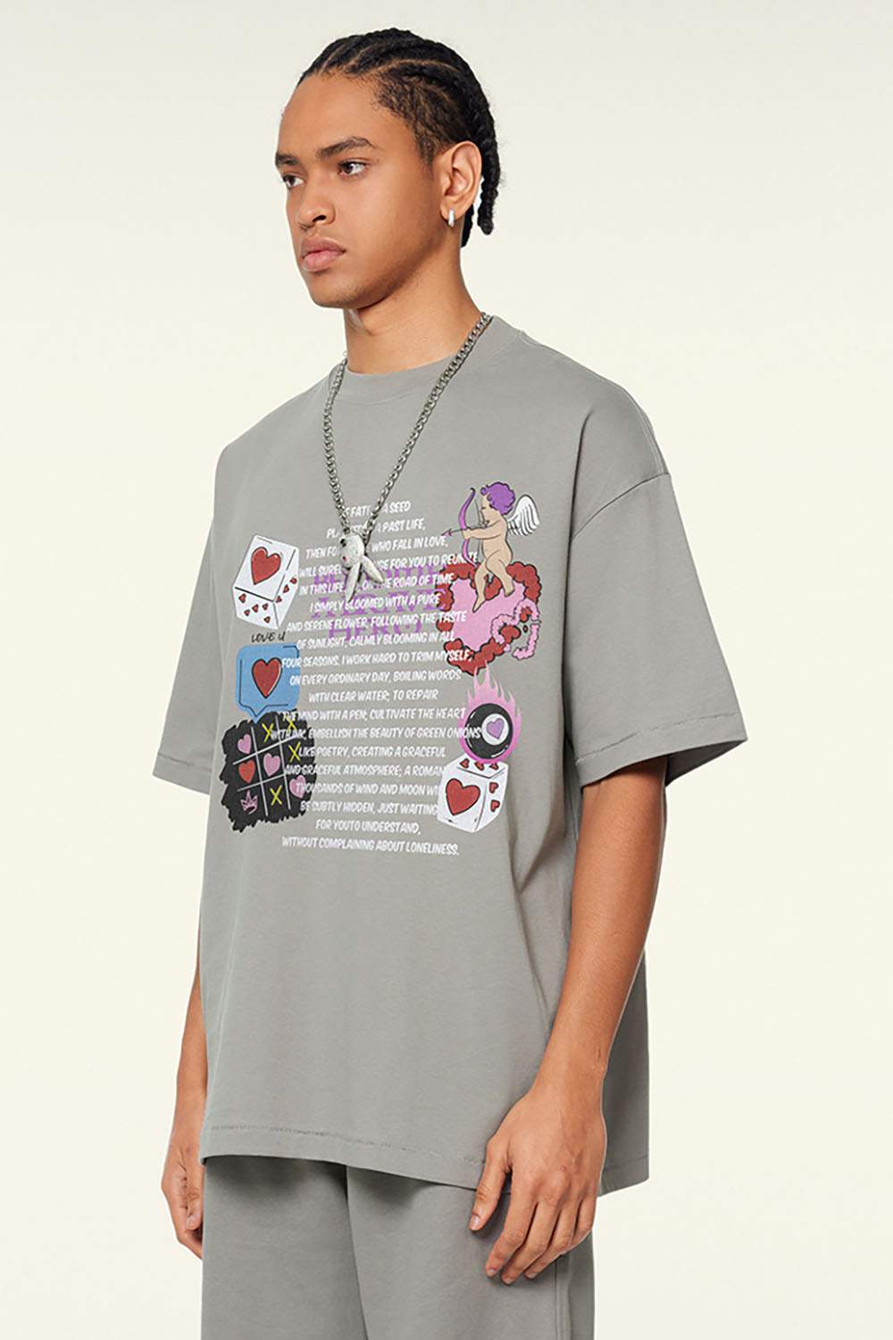 Cool-Touch Playing-Card Graphic Tee in Gray - front modeled view