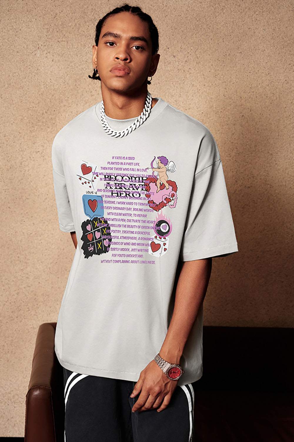 Cool-Touch Playing-Card Graphic Tee in Gray - front modeled view