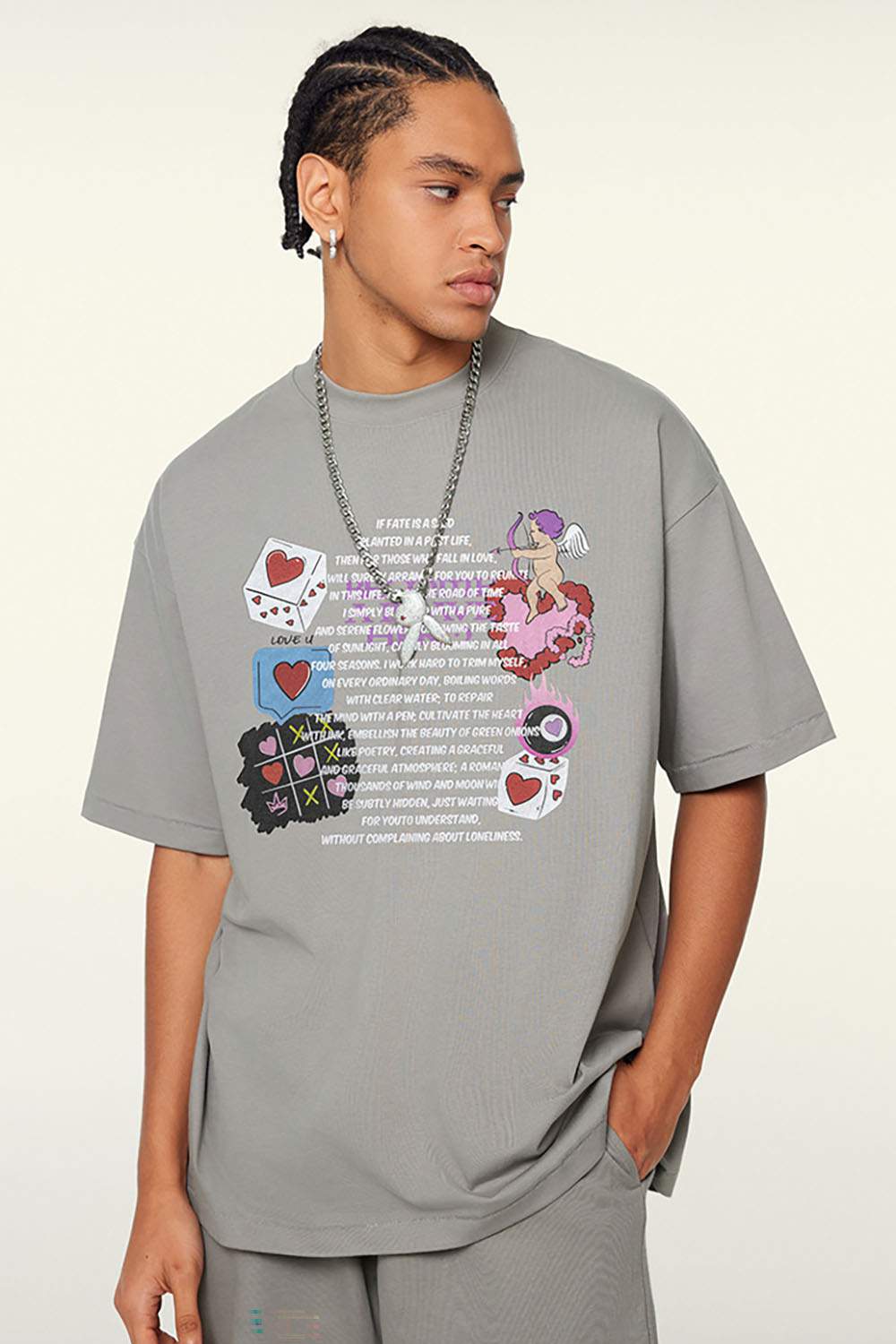Cool-Touch Playing-Card Graphic Tee in Gray - front modeled view