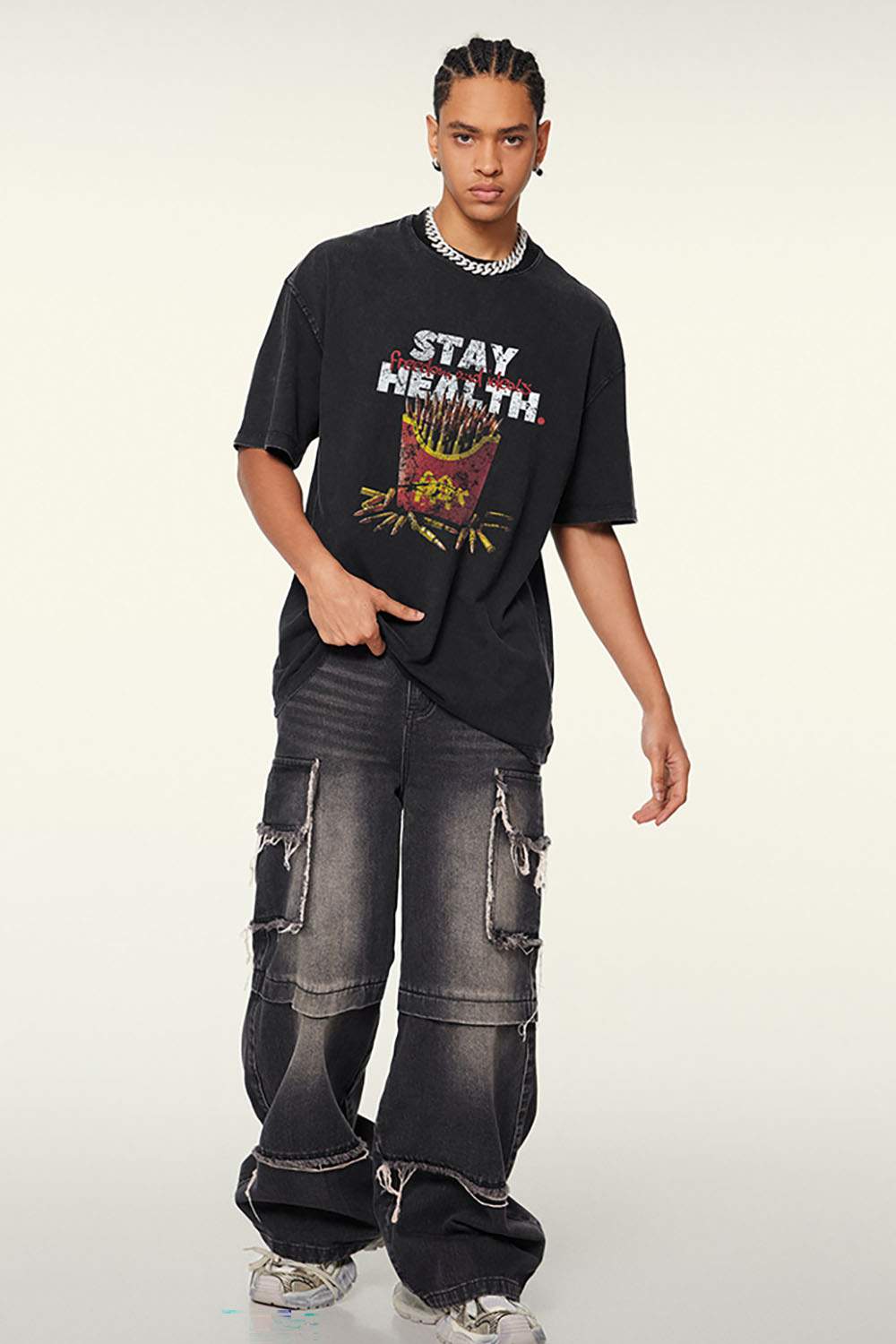 Durable Cotton Graphic T-Shirt in Fried Snowflakes - full-length front modeled view