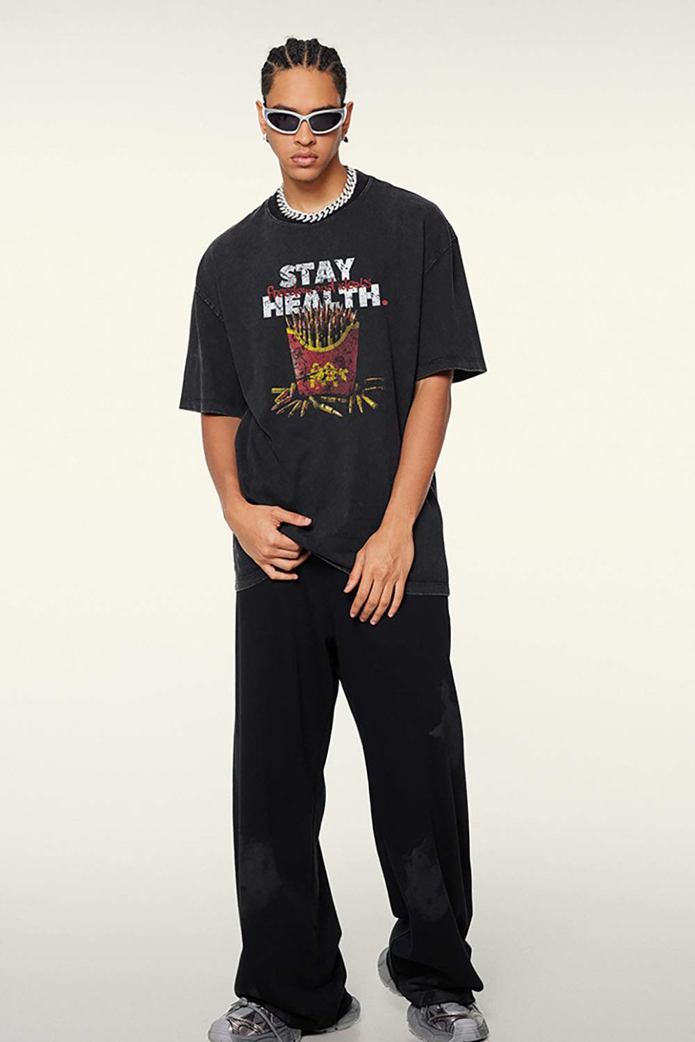 Durable Cotton Graphic T-Shirt in Fried Snowflakes - full-length front modeled view