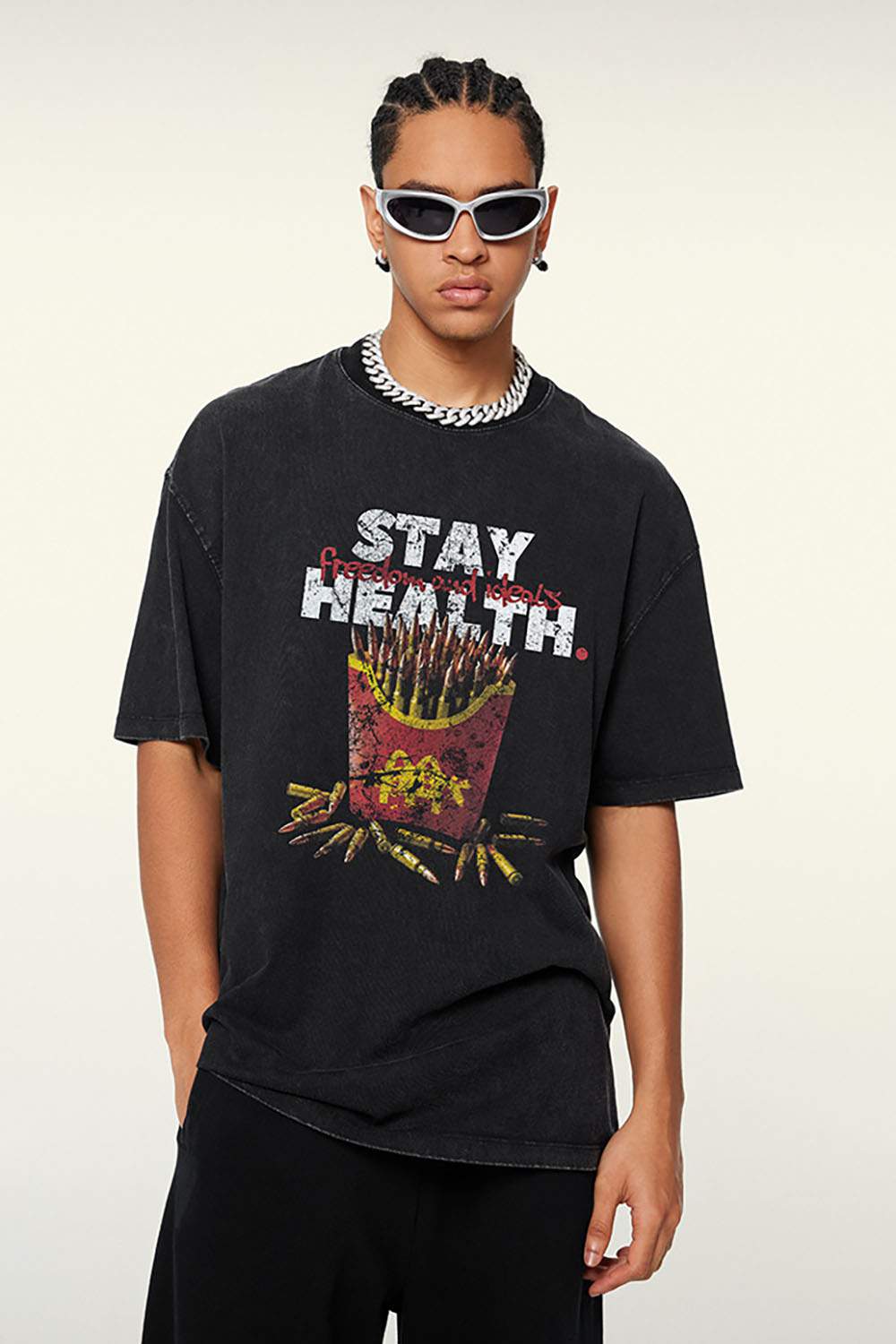 Durable Cotton Graphic T-Shirt in Fried Snowflakes - front modeled view