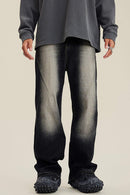 Washed Distressed Panel-Seam Flare Jeans in Black - front modeled view