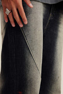 Washed Distressed Panel-Seam Flare Jeans in Black - decorative detail