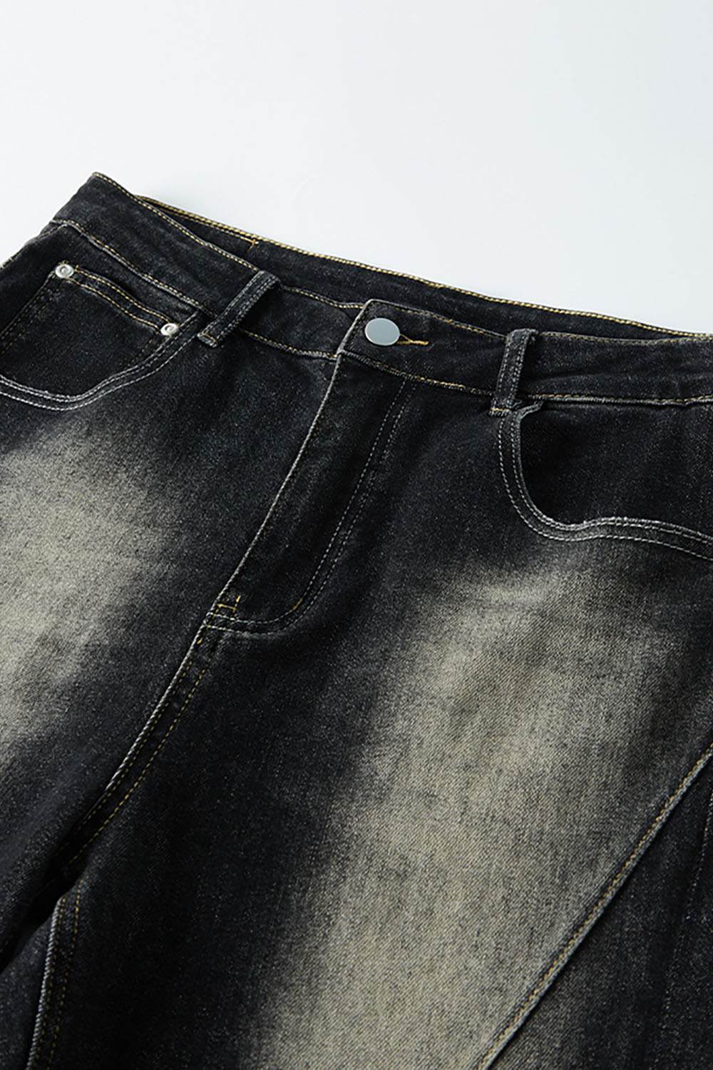 Washed Distressed Panel-Seam Flare Jeans in Black - product detail close-up