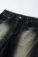 Washed Distressed Panel-Seam Flare Jeans in Black - product detail close-up