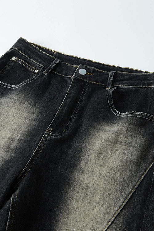 Washed Distressed Panel-Seam Flare Jeans in Black - product detail close-up
